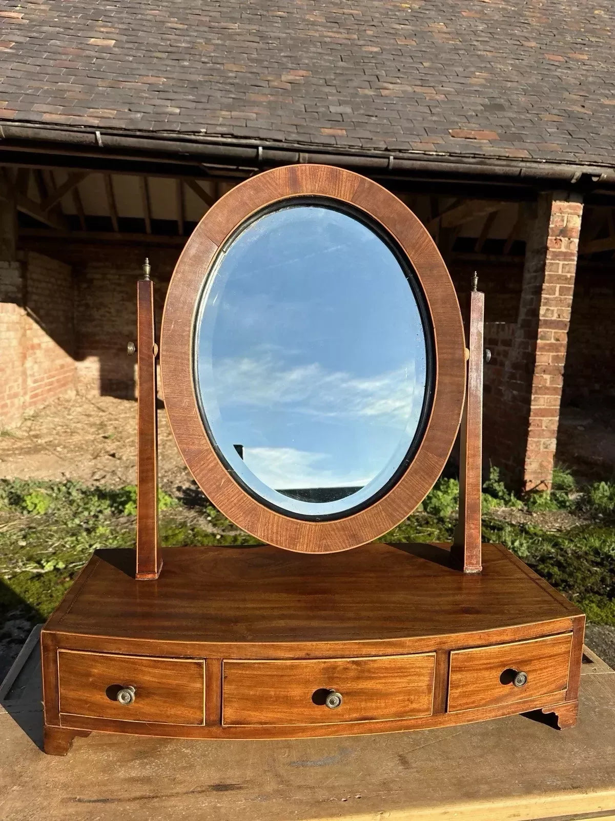 Antique Georgian Large Mahogany Tilting Oval Vanity Dressing Table Mirror