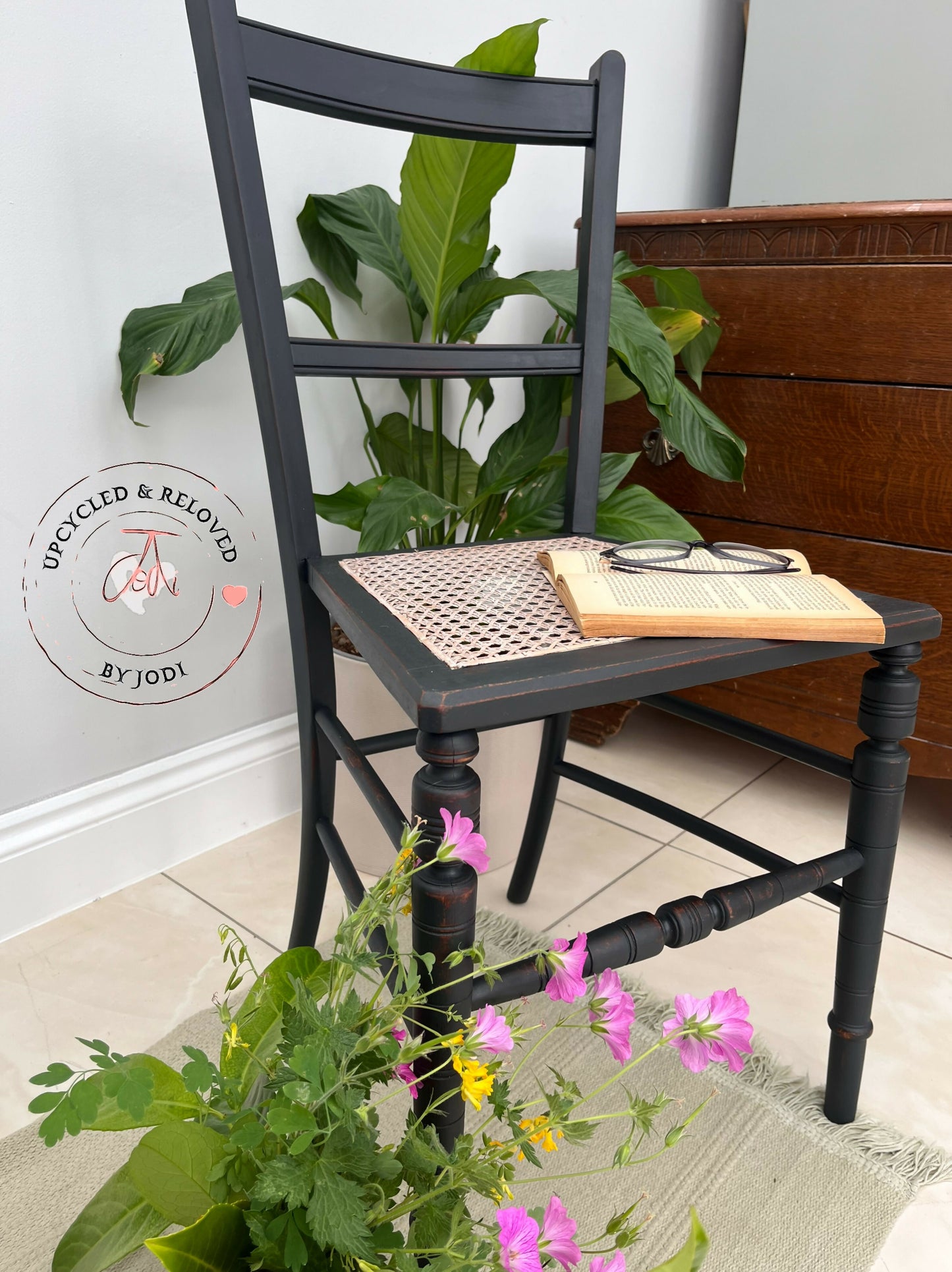 Edwardian chairs with rattan seats, lightly distressed in Ash Black- PAIR OF 2 CHAIRS