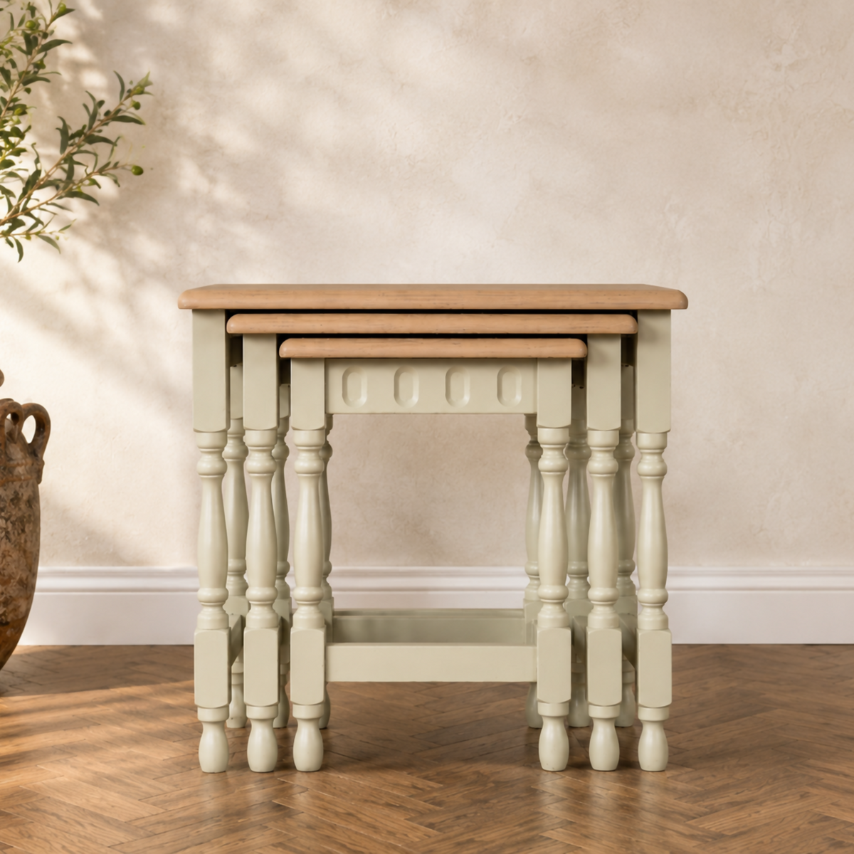 Vintage Oak Floral Nest of Three Tables | Hand Painted Upcycled Sage & Cream Nesting Tables