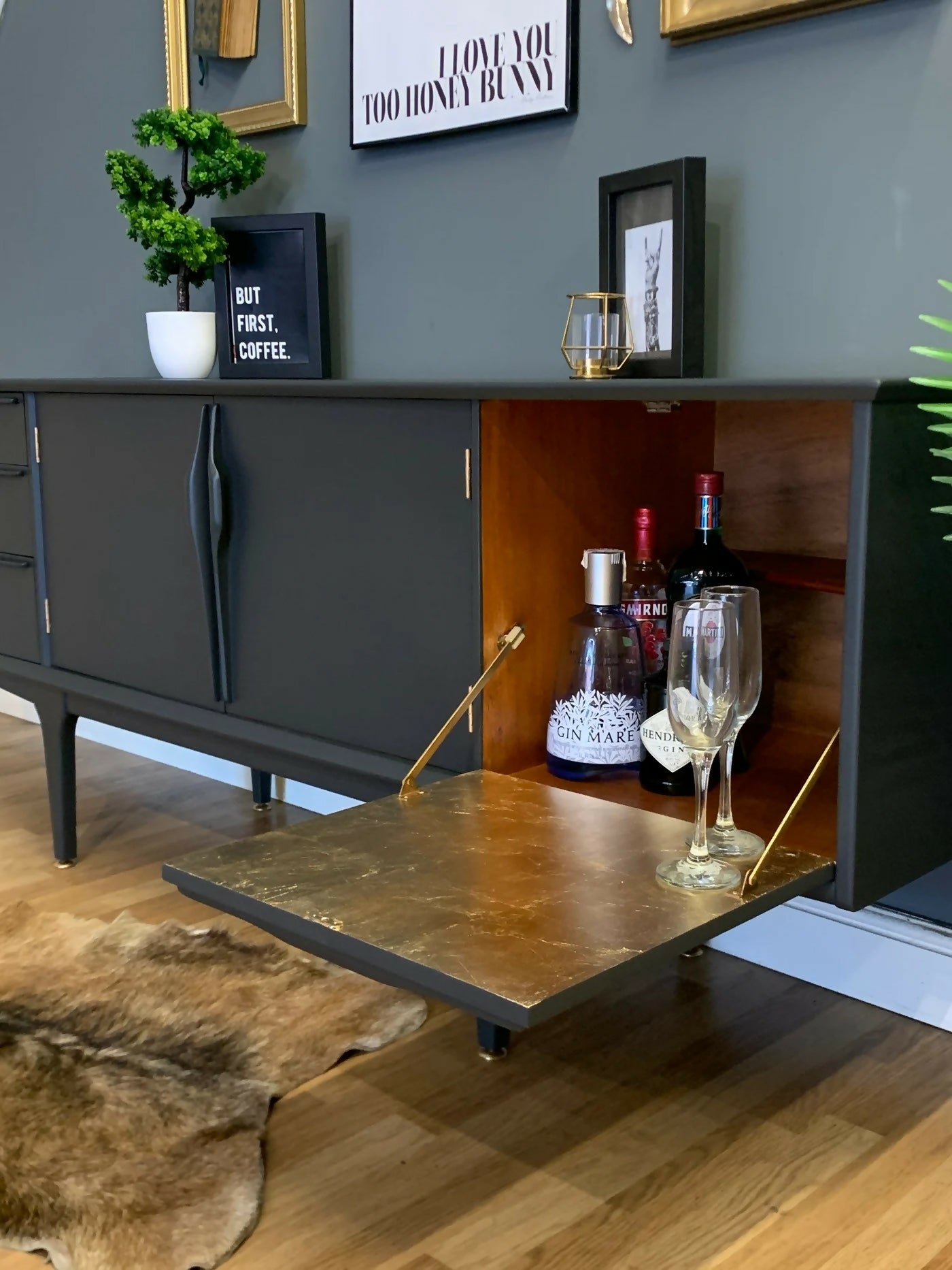 Jentique teak sideboard in dark grey and gold leaf
