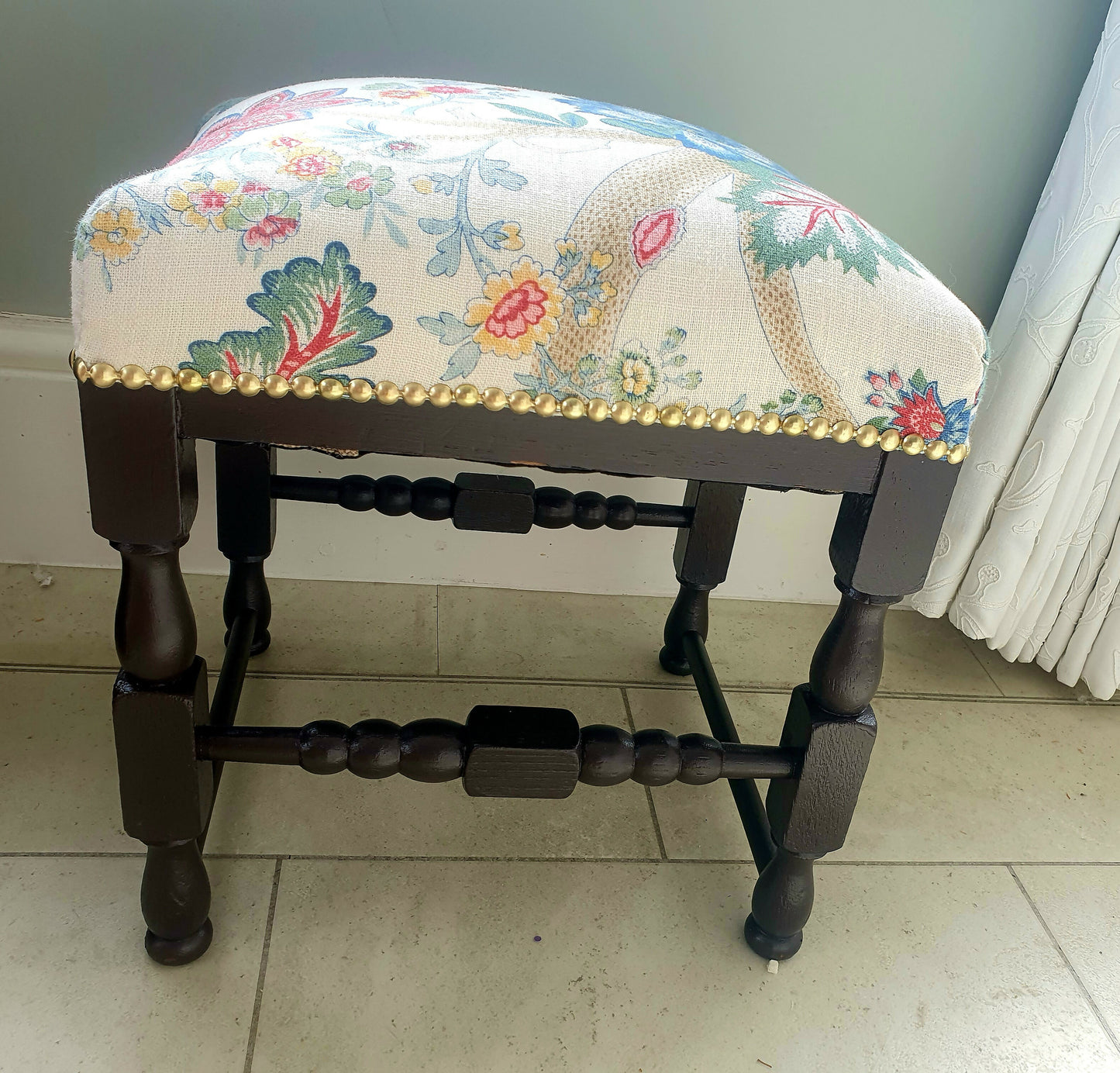 Footstool Vintage Oak Seat. Stool Restored Reupholstered in Linwood Linen