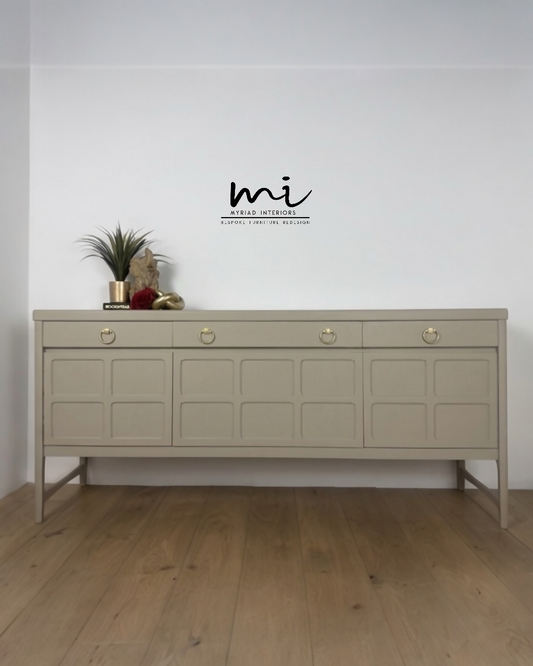 Refinished Large Neutral Vintage Nathan Sideboard with drinks cabinet - beige, cream, cocktail cabinet, tv stand, media unit, retro nude