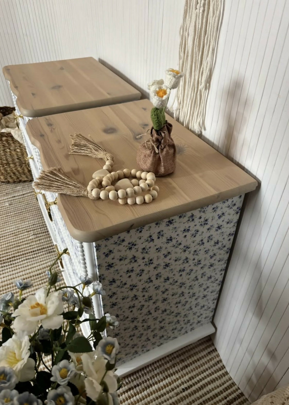Pair of pine bedside drawers featuring floral decoupage
