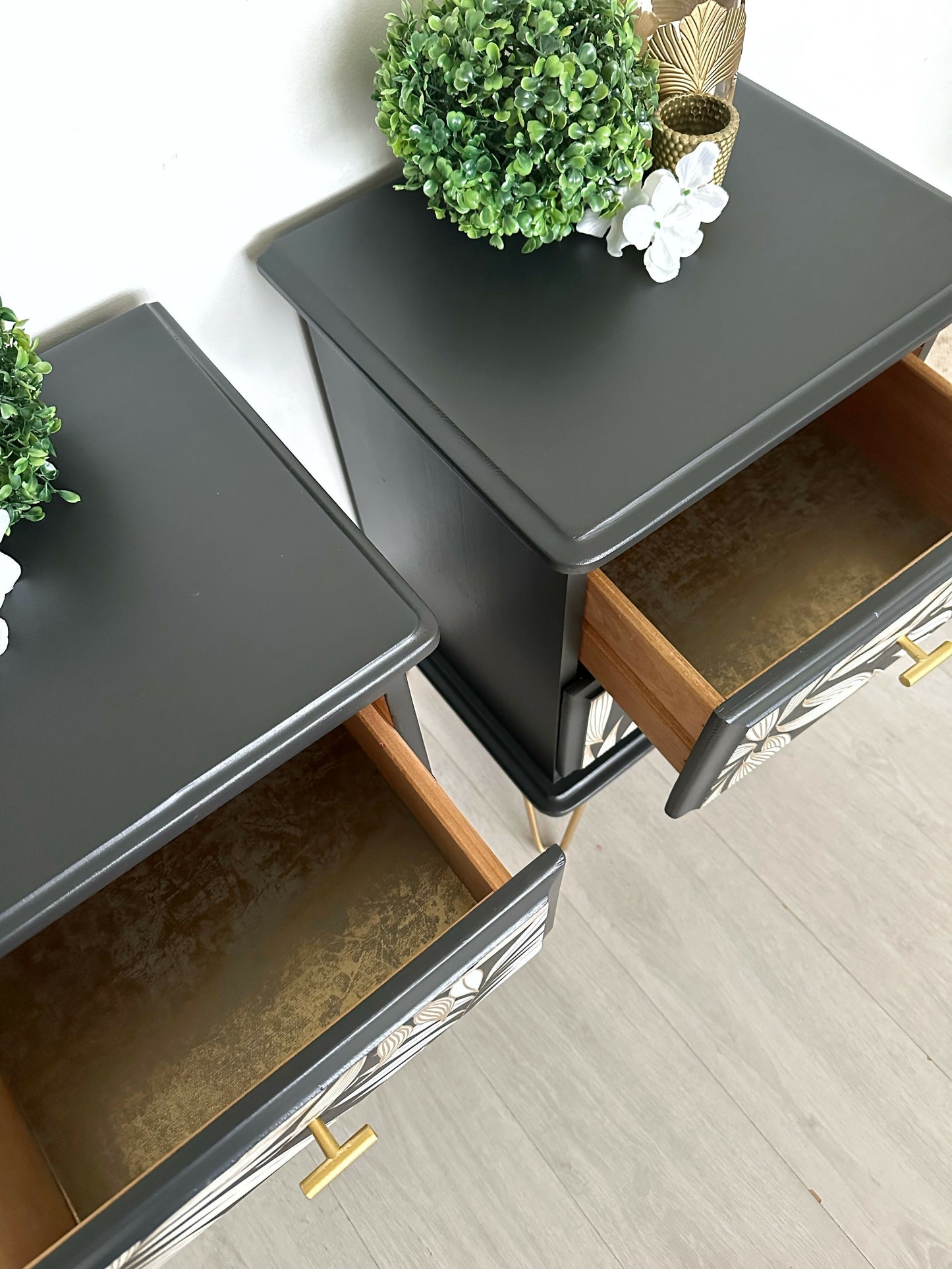 Black and Gold Leaf Bedsides drawers