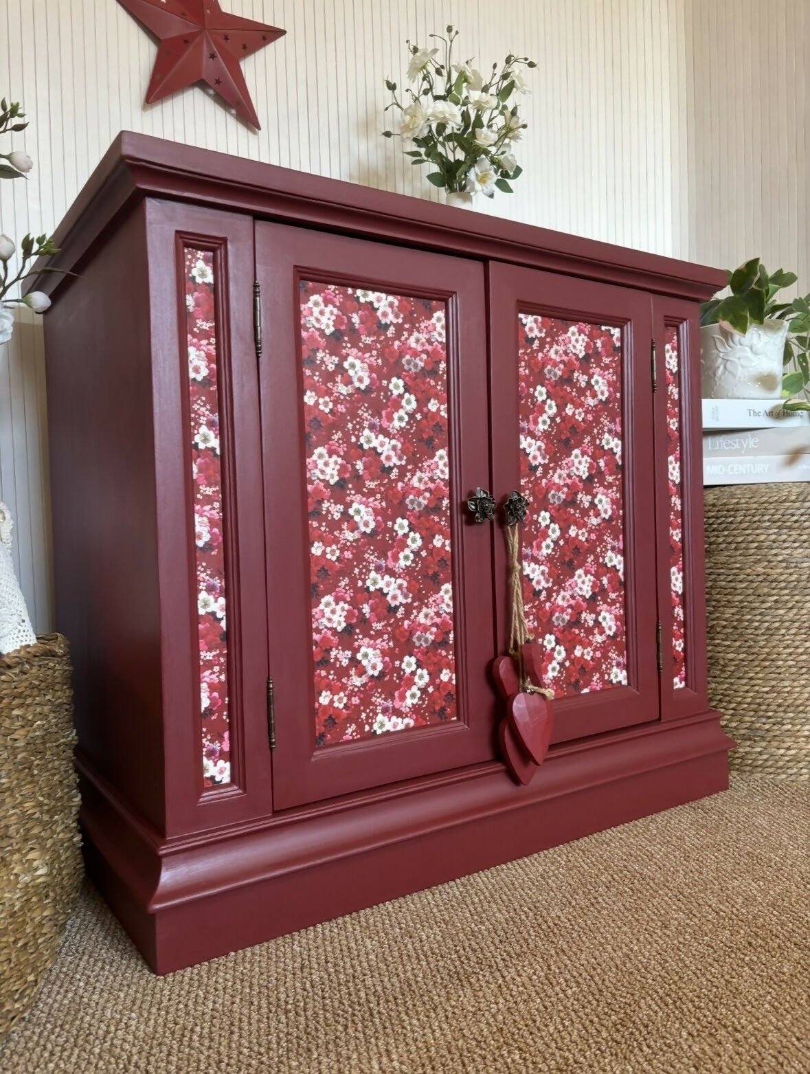 Cabinet Refinished in Red with Floral Decoupage