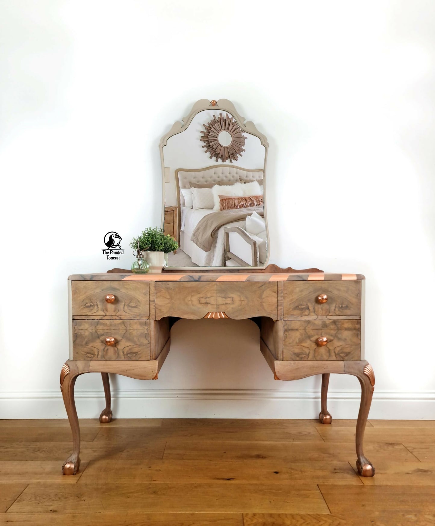 Queen Anne Style Dressing Table with copper starburst and mirror