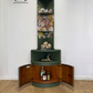 Refinished Nathan deep olive and neutral floral corner cabinet, cupboard, sideboard, shelves drinks cabinet