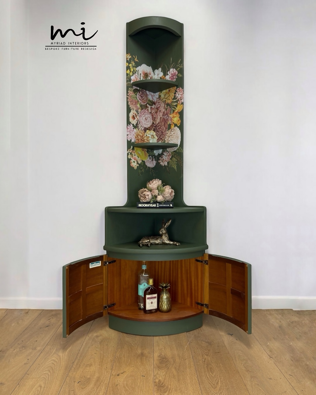 Refinished Nathan deep olive and neutral floral corner cabinet, cupboard, sideboard, shelves drinks cabinet