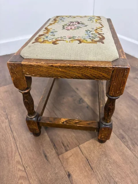 Vintage Oak Stool with Embroidered Pad