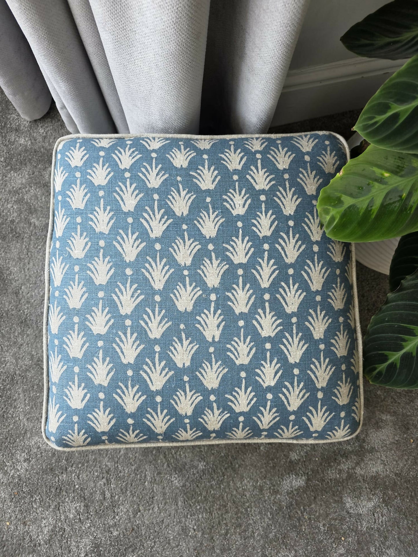 Footstool Pouffe Ottoman square on 4 feet Reupholstered in a High End Belgium Linen