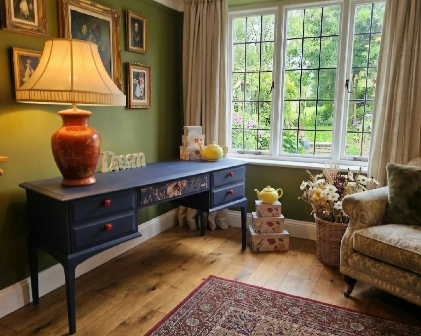 Luxe Navy Blue Hand Painted Stag Minstrel Classic Vintage Dressing Table Desk