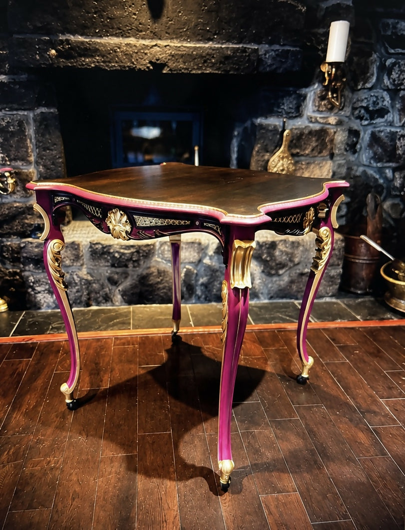 Vintage French Style Occasional Table In Burgundy & Gold Statement Accent