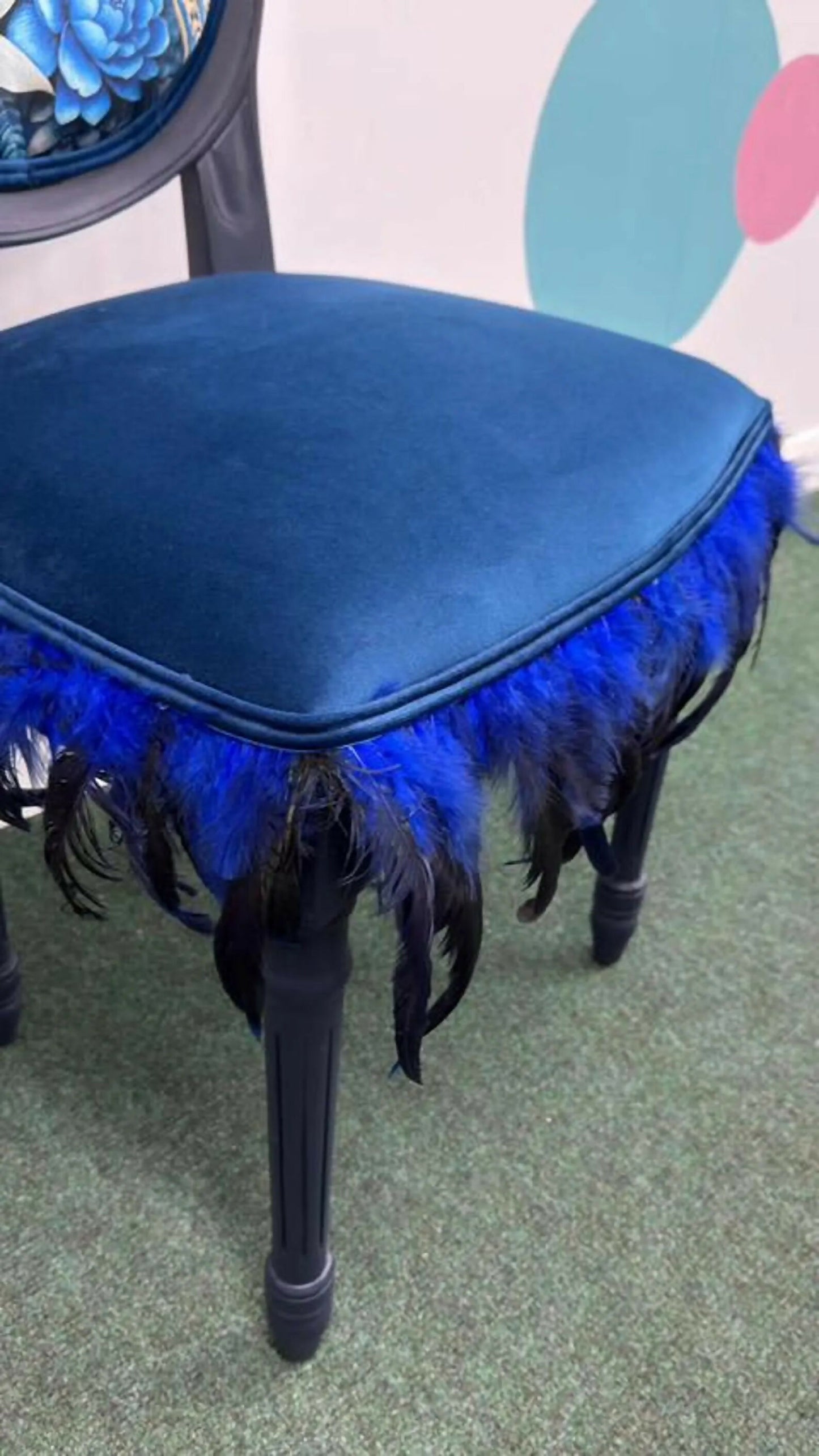 Bespoke Vintage Blue Bird Chair. One of a Kind Velvet and Feather Detailing. Artist Designed Chair