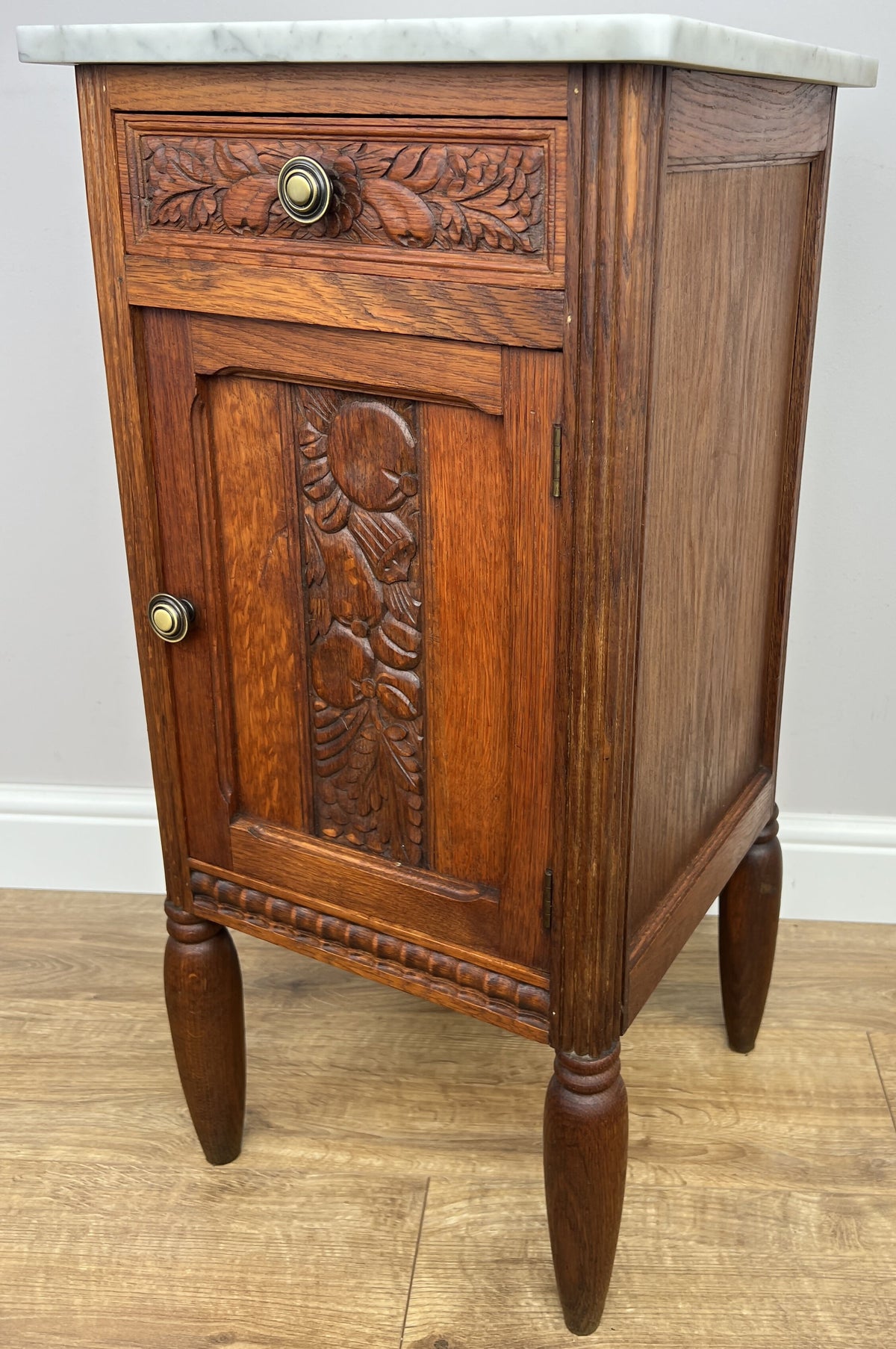Bedside Table Antique French Style Oak Carved Marble Top Cabinet LOT 6574