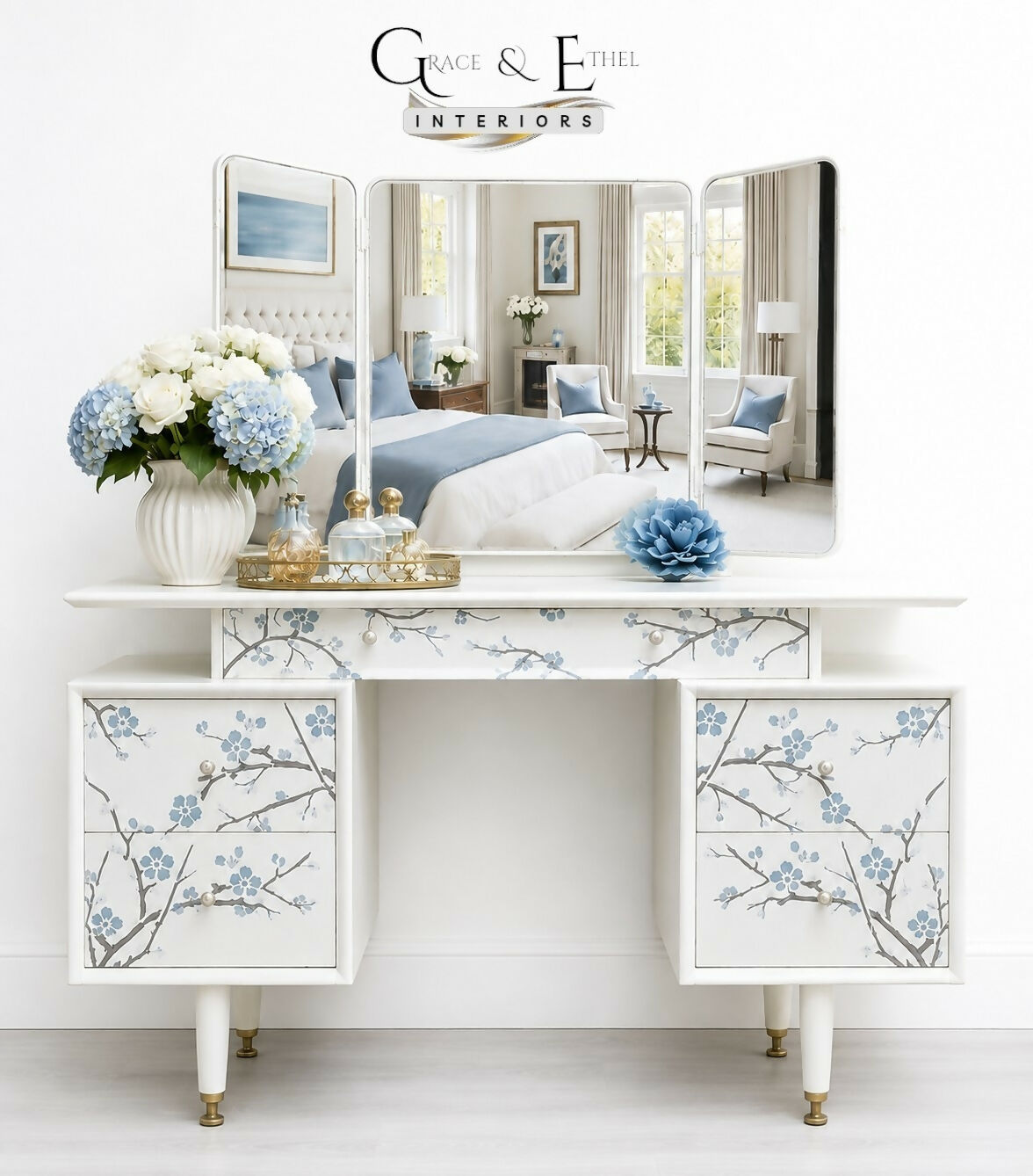 PAINT TO ORDER- G plan triple mirror floral dressing table in white