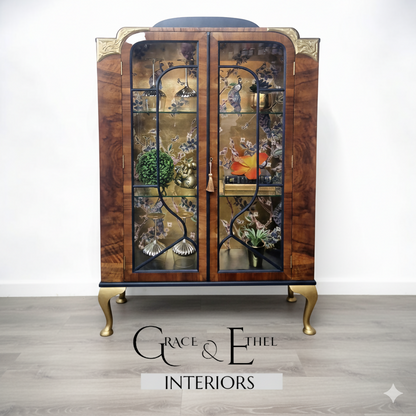 art deco peacock navy and gold glass cabinet-MADE TO ORDER