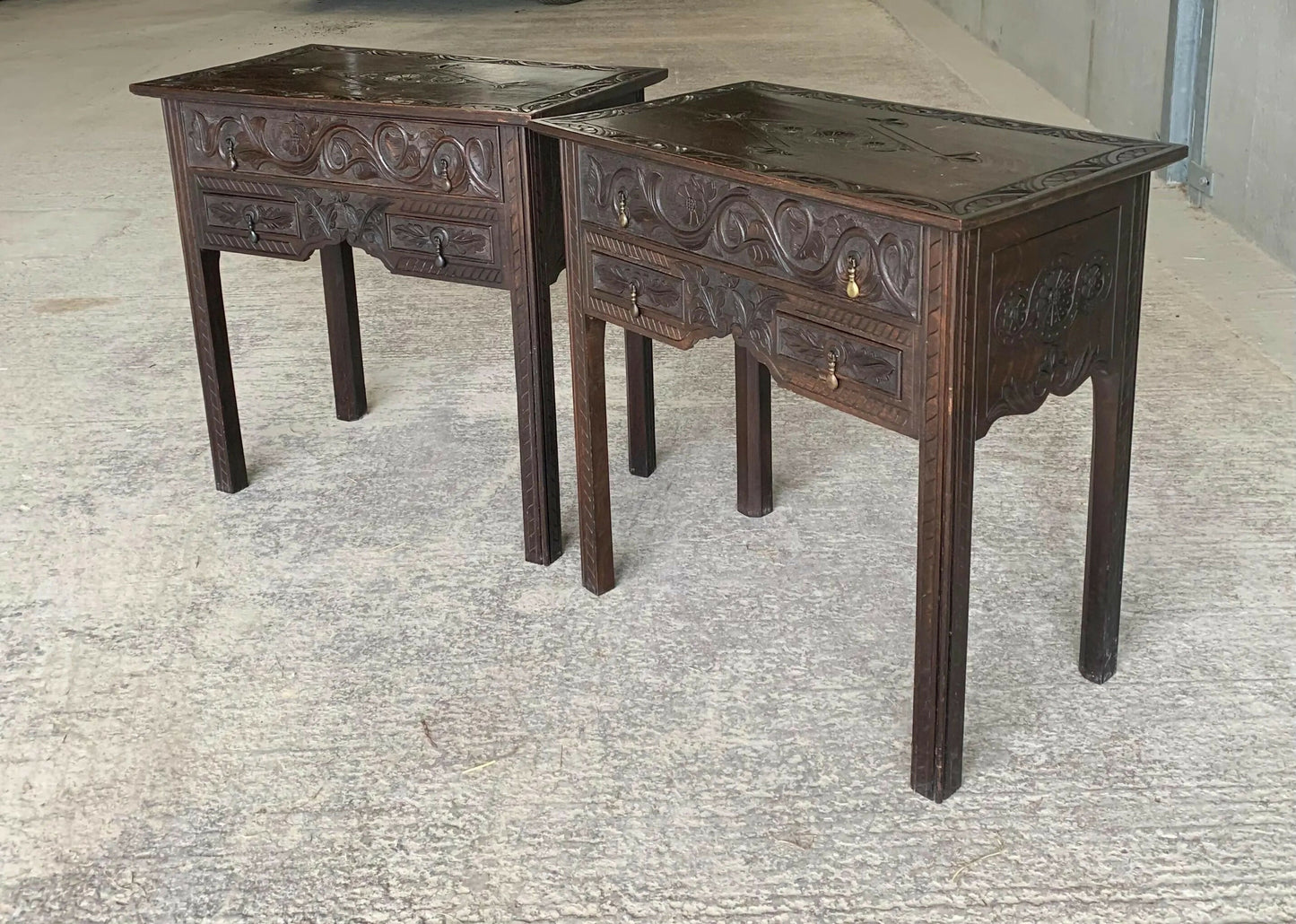 Antique Oak 19th C Gothic revival side tables chest of drawers