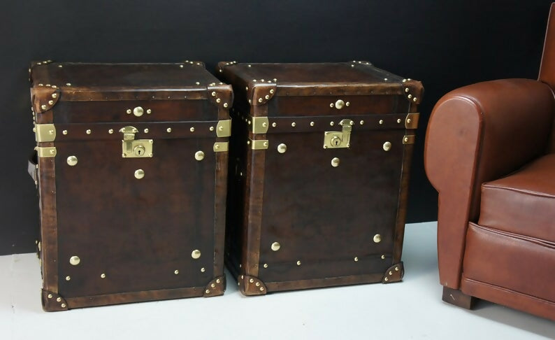 Antique Leather End Table Trunks