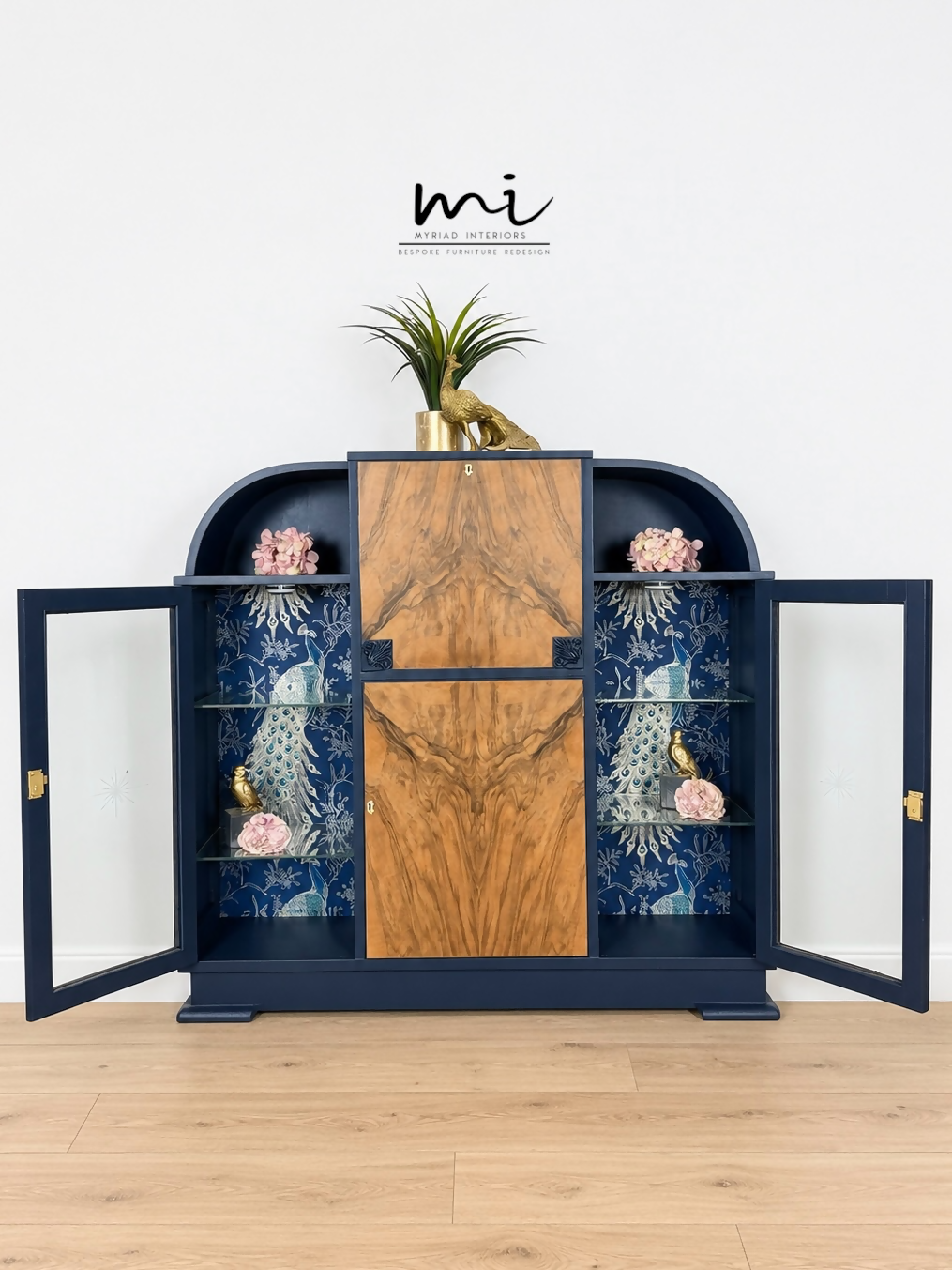 Curved Art Deco walnut drinks cocktail cabinet in navy blue and gold with peacock design. Glass display, Drinks cabinet, Sideboard