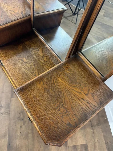 Vintage Oak Dressing Table With Triptych Mirror