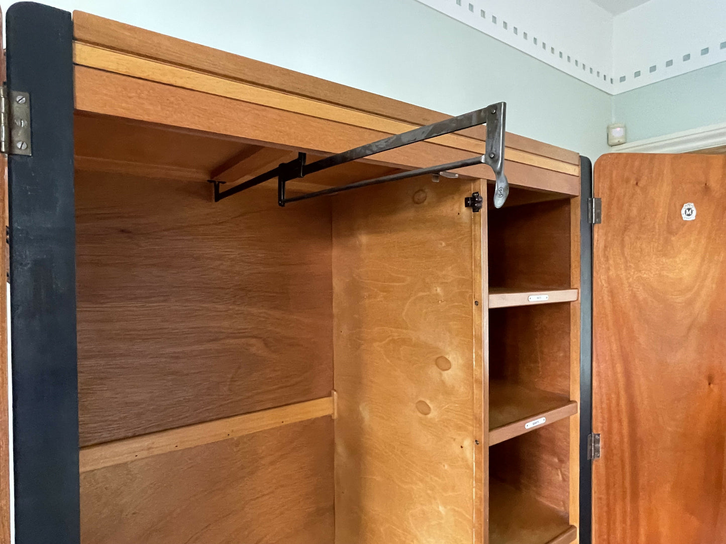 Mid-century wardrobe. Front facing rail with shelves, tie & shoe rail.