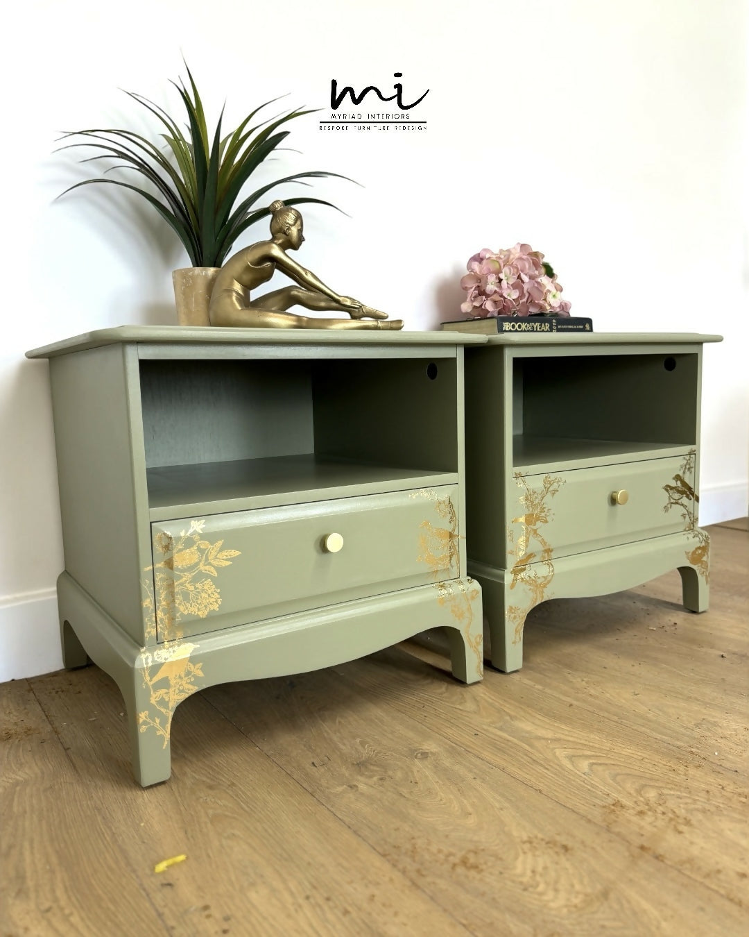 Stag Minstrel Bedside Tables In Pale Sage Green With Gold Foil Bird And Floral Design