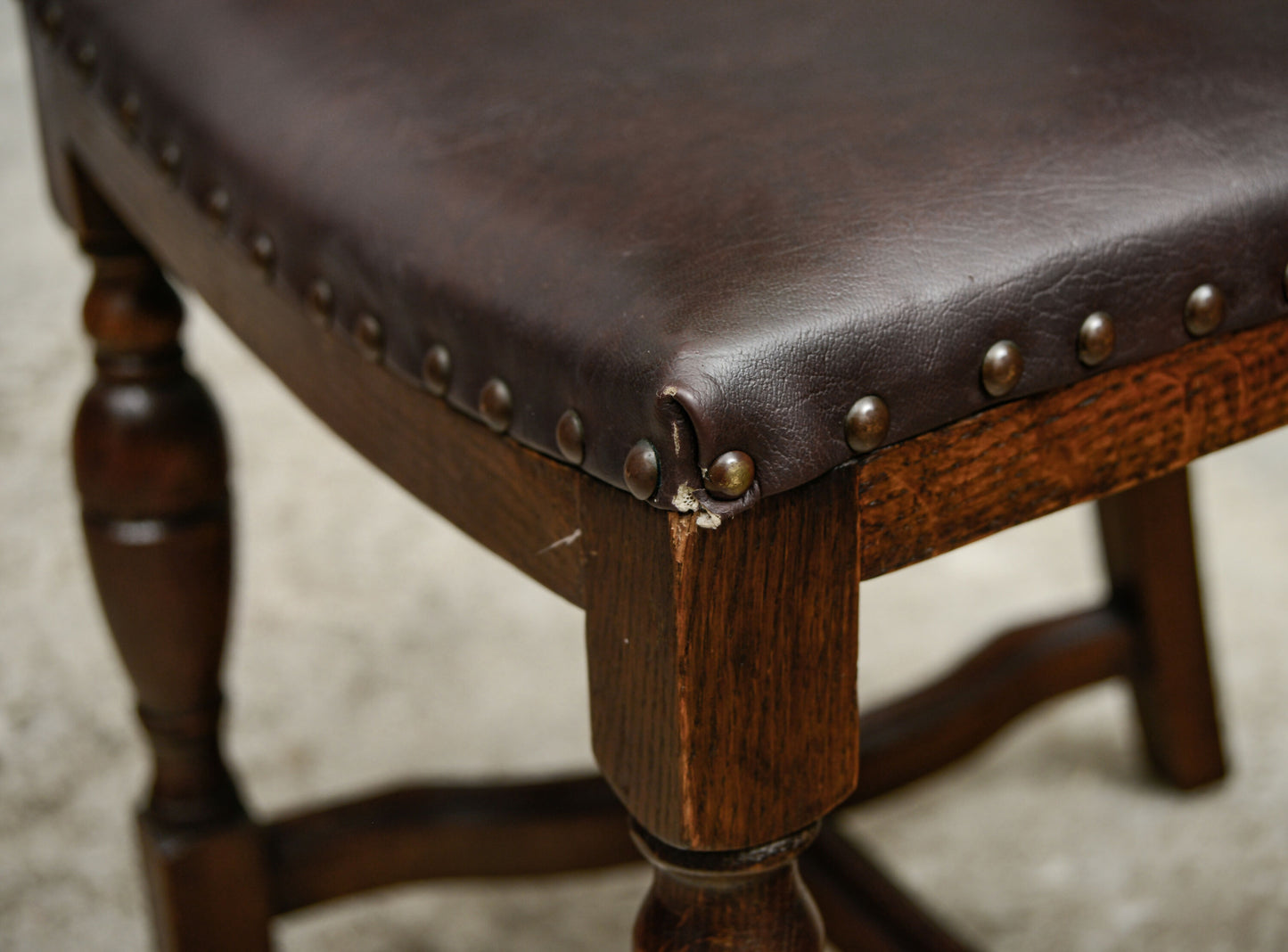 4 Oak Dining Chairs -Tudor Cromwellian Style - Burgundy Leatherette