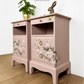 Dusky blush pink Stag Minstrel slim tea tray bedside tables with blossom and butterfly design. Nightstands pale pink