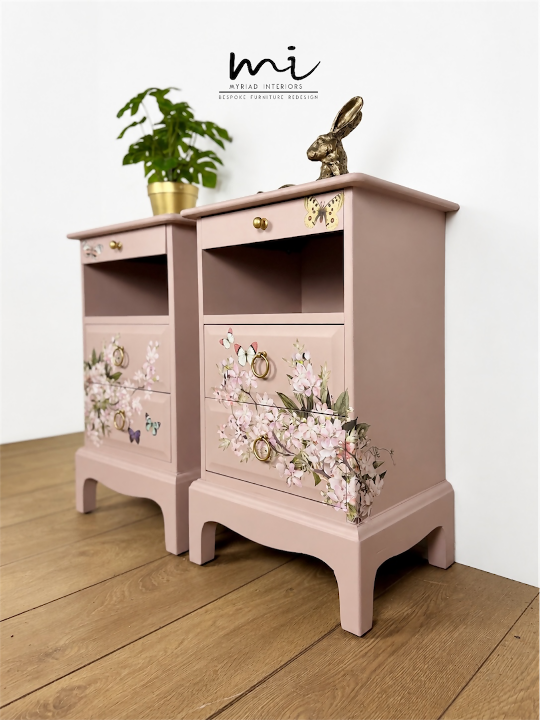 Dusky blush pink Stag Minstrel slim tea tray bedside tables with blossom and butterfly design. Nightstands pale pink