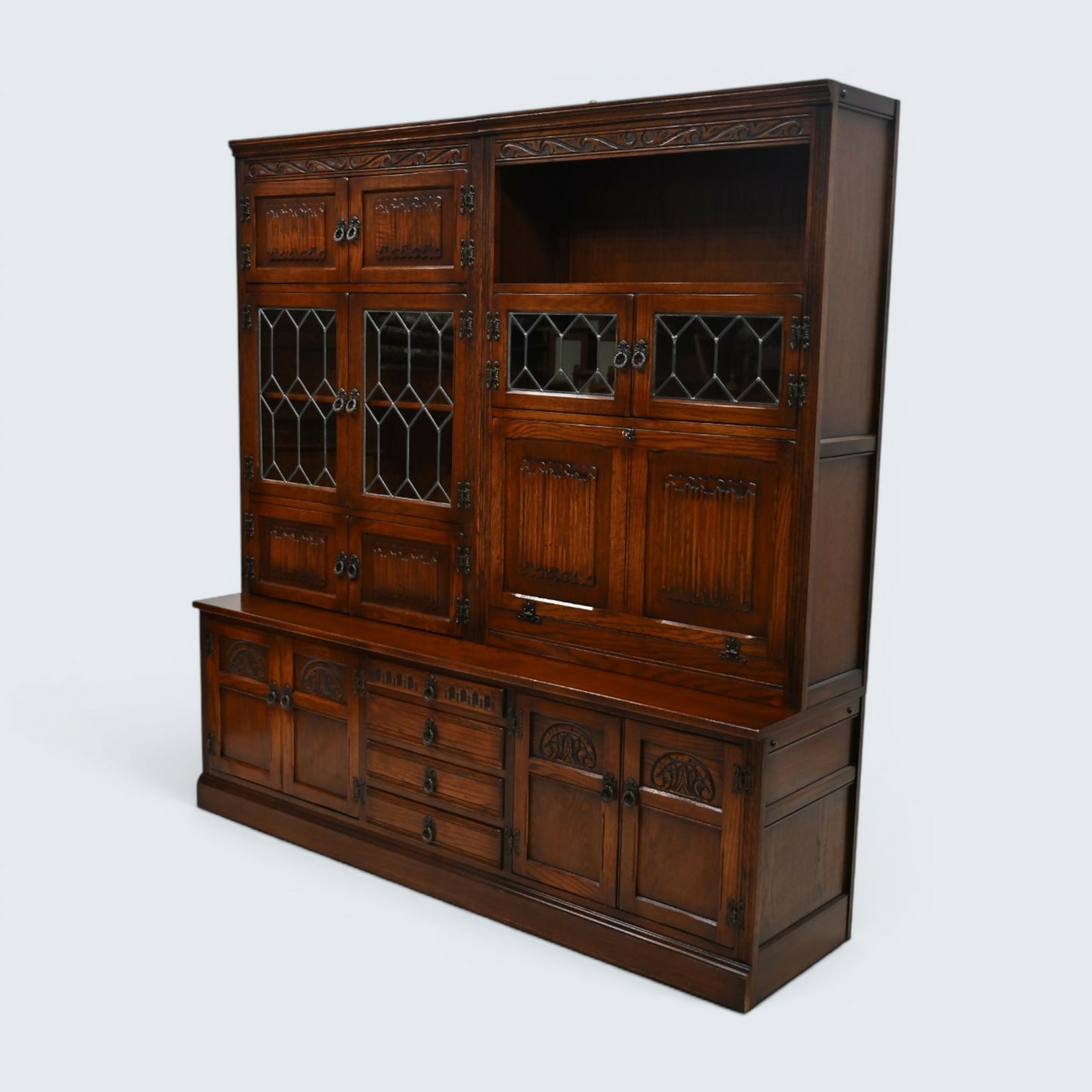 Old Charm Large Wall Unit Bureau Drinks Oak Tudor Brown Finish FREE UK Delivery*