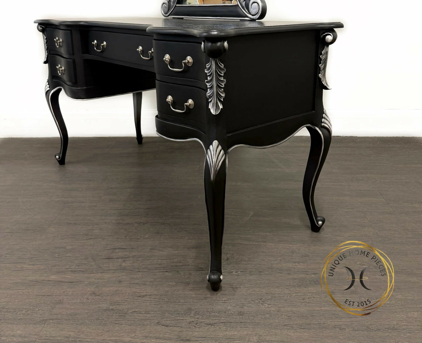 Contemporary Black and Silver French Rococo Dressing Table With Mirror
