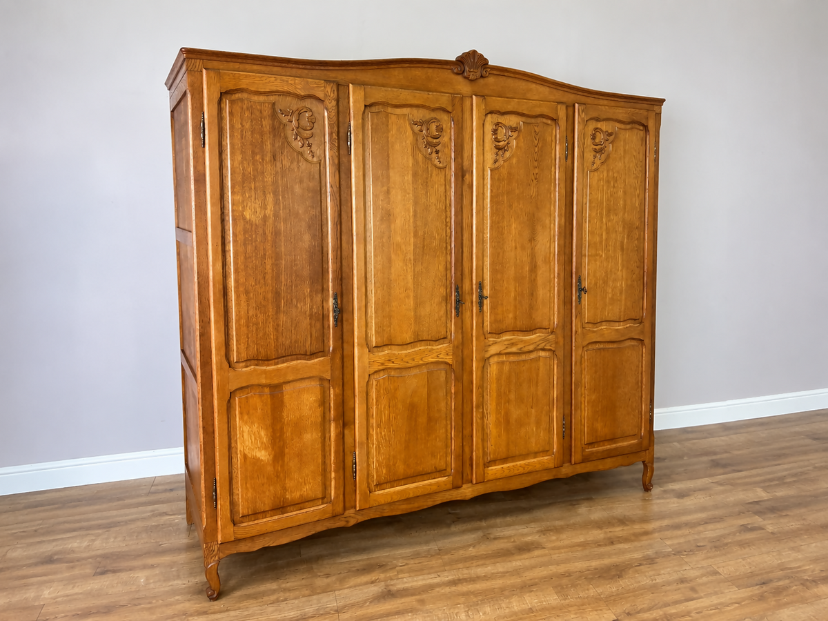 Wardrobe Vintage French Louis XVI Style Oak Four Door Carved Armoire LOT 6533