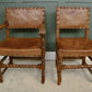 6 Oak Leather Dining Chairs - Cromwellian Style