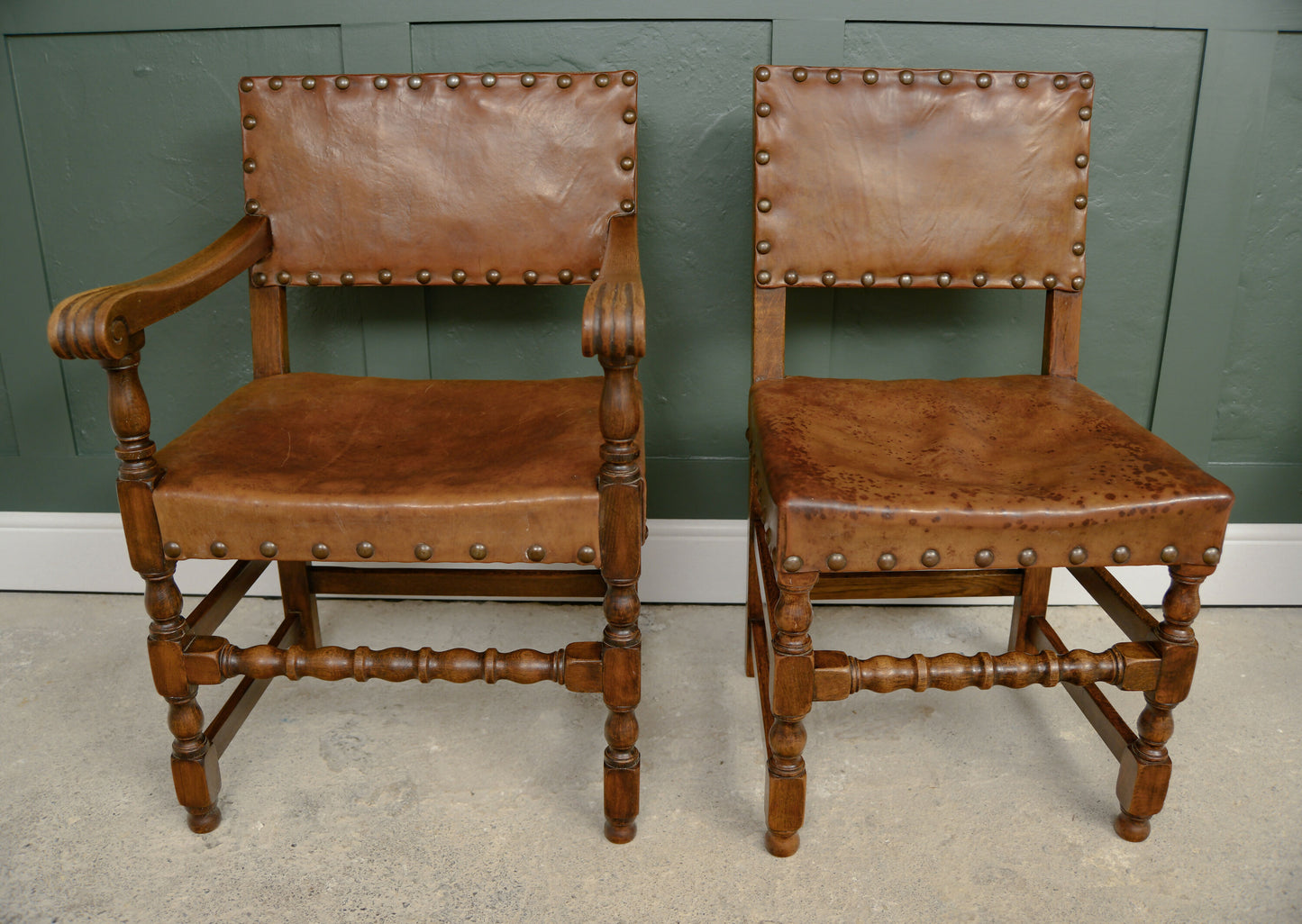 6 Oak Leather Dining Chairs - Cromwellian Style