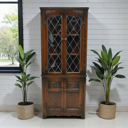 Old Charm Corner Display Cabinet with Leaded Glass Tudor Brown FREE UK Delivery*. SBR11068/2110E