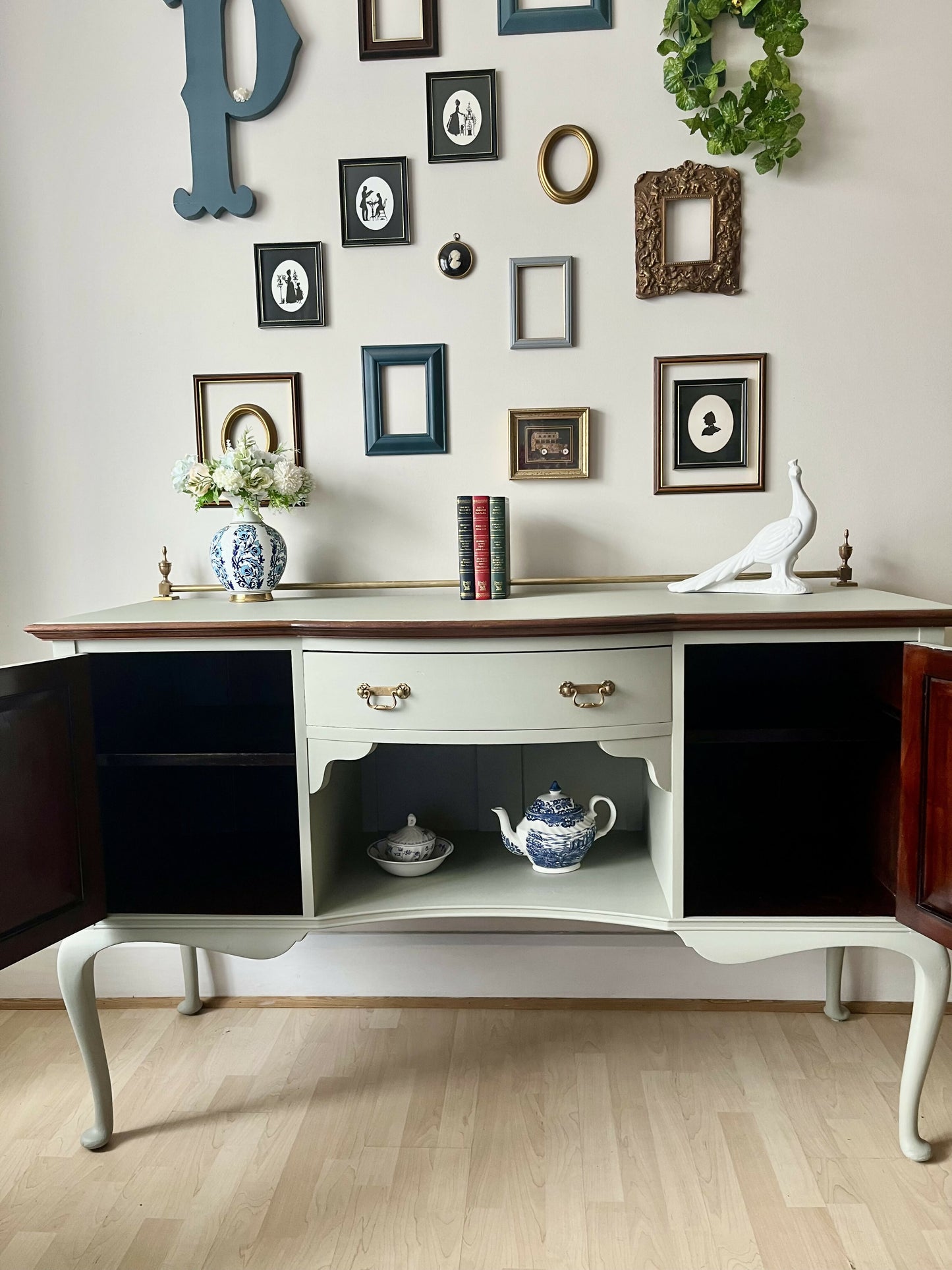 Antique Large, Solid Sage Green Greyish Sideboard: Bow-Fronted Cabinet with Brass Rail