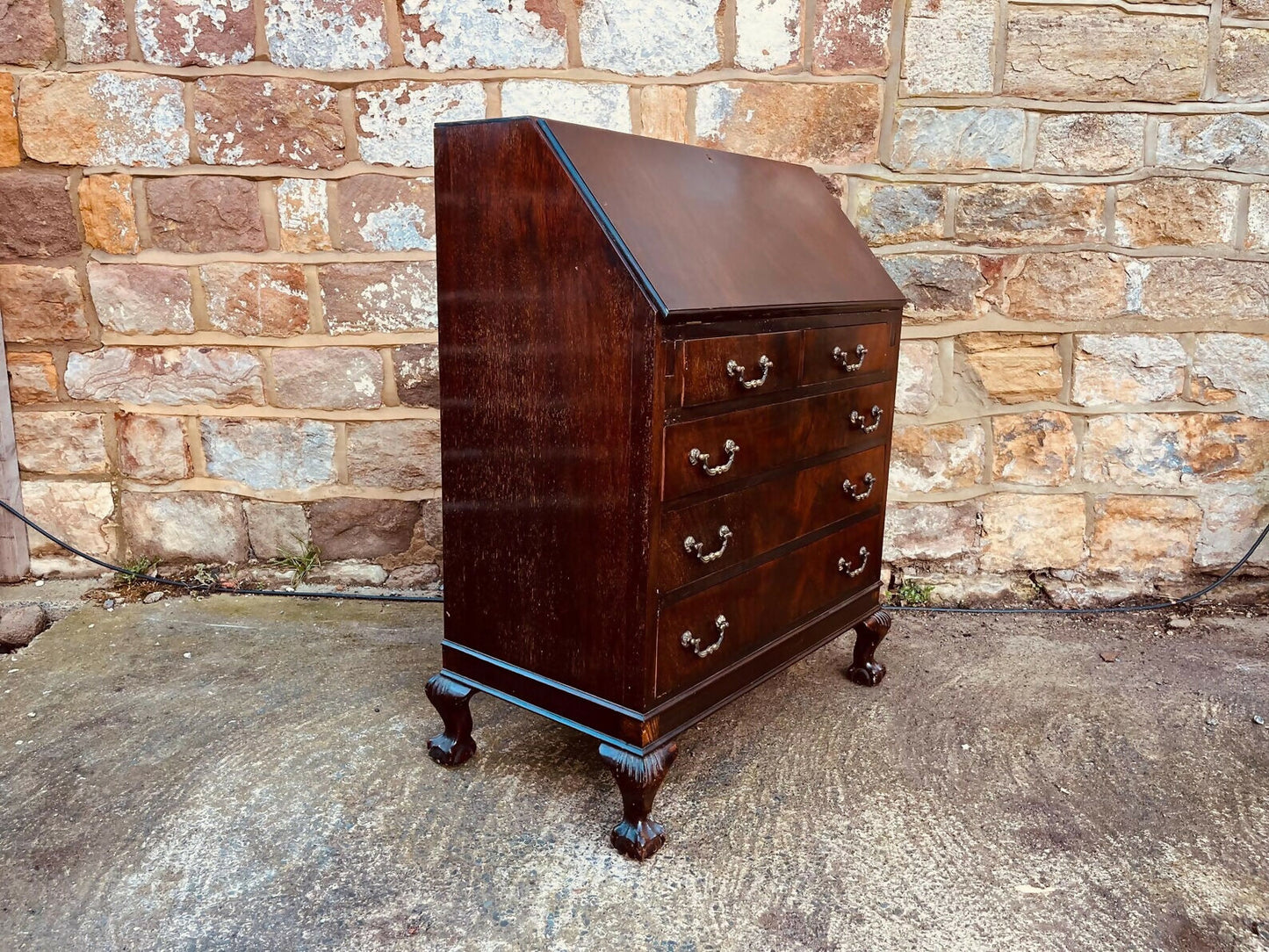 Mahogany Bureau Writing Desk – Ball & Claw Feet, Drop Front, Vintage Secretary Desk, Home Office Storage, Green Leather Writing Surface