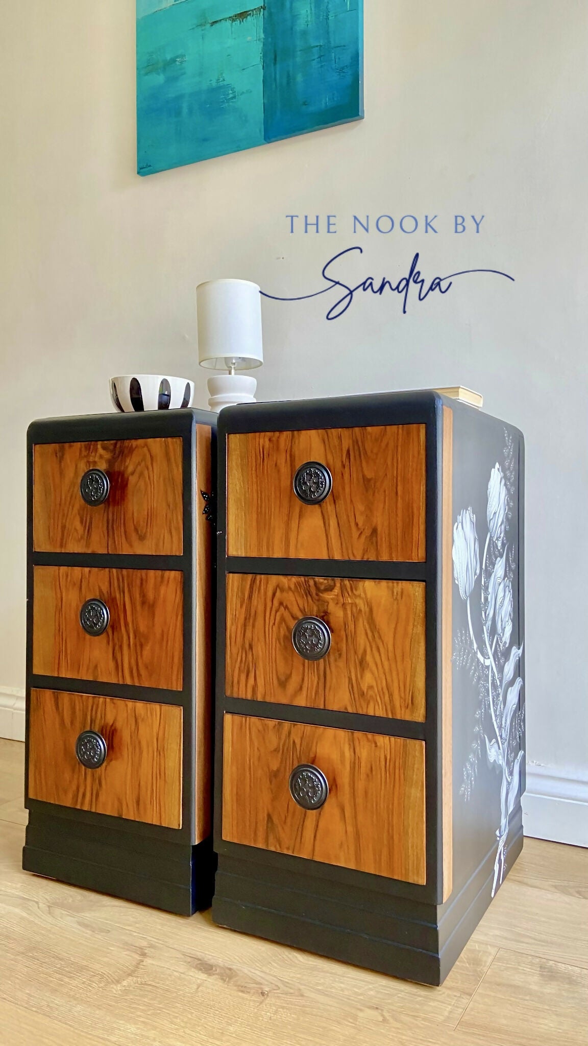 Upcycled Nightstands Set -Rustic Wood &Black | 3 Drawers Bedside Cabinets