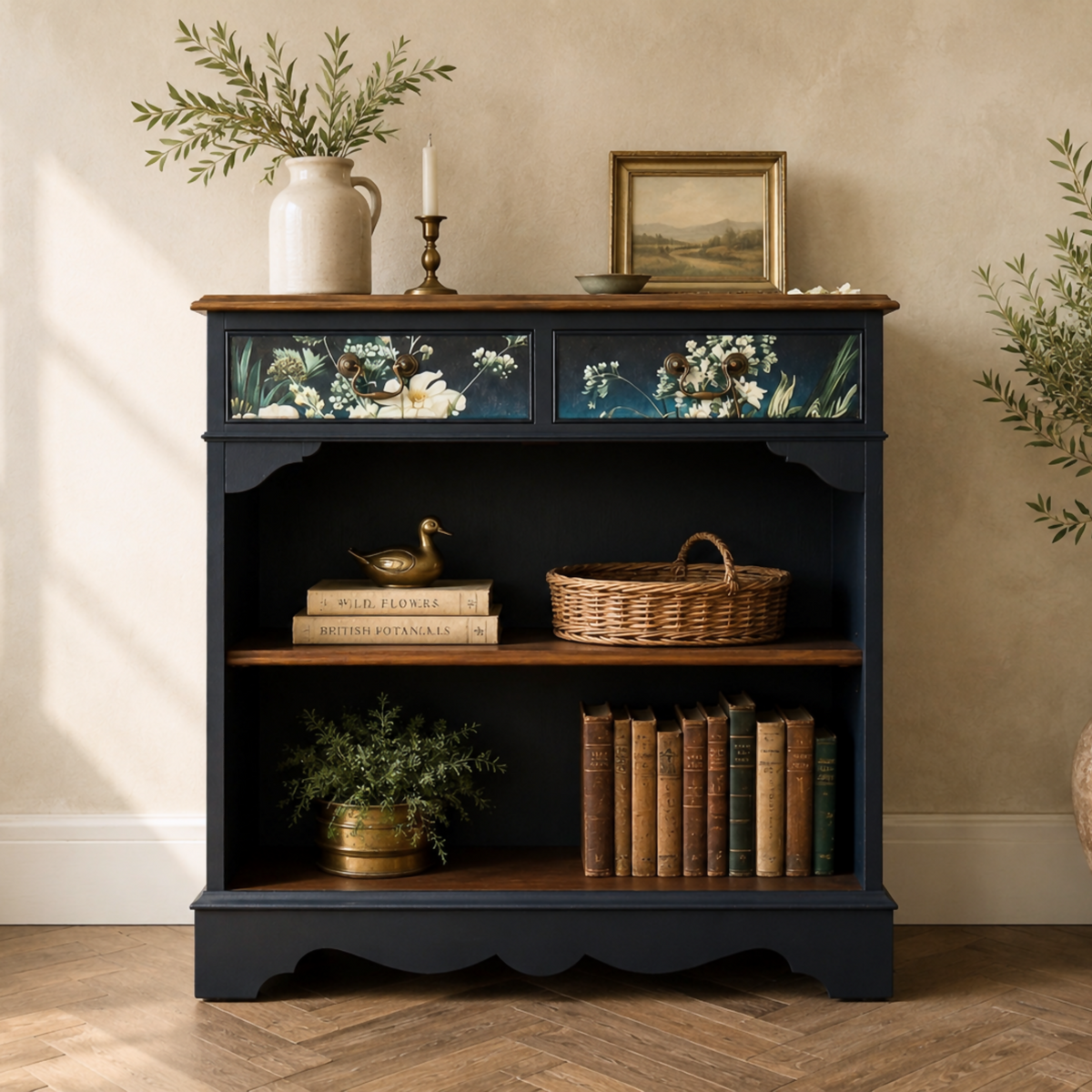 Upcycled Vintage Cabinet | Dark Navy Open Display Cabinet | Hand Painted Floral Furniture | Console Shelf