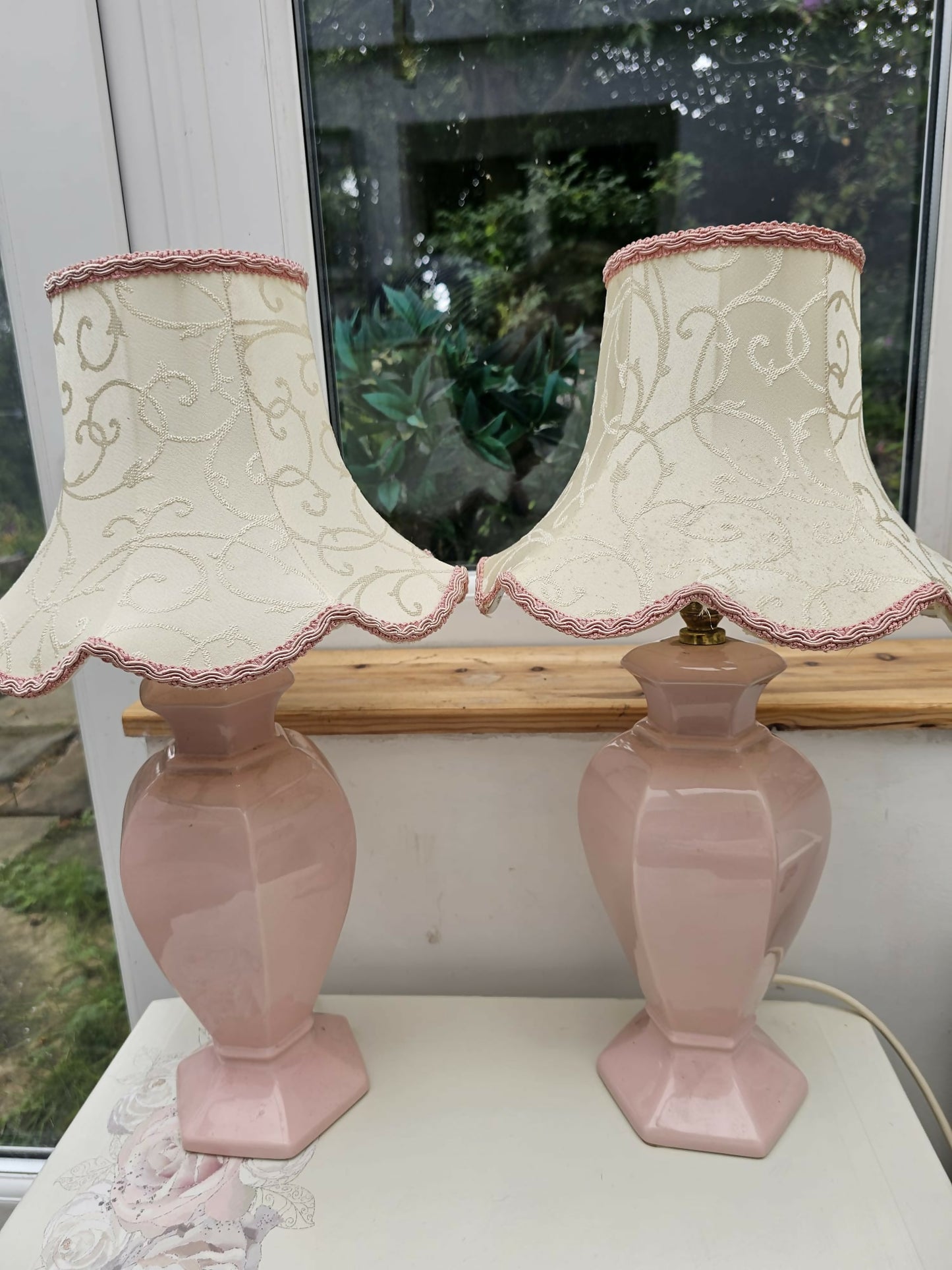 Vintage St Michael hexagonal ceramic ginger jar table lamps in pastel pink