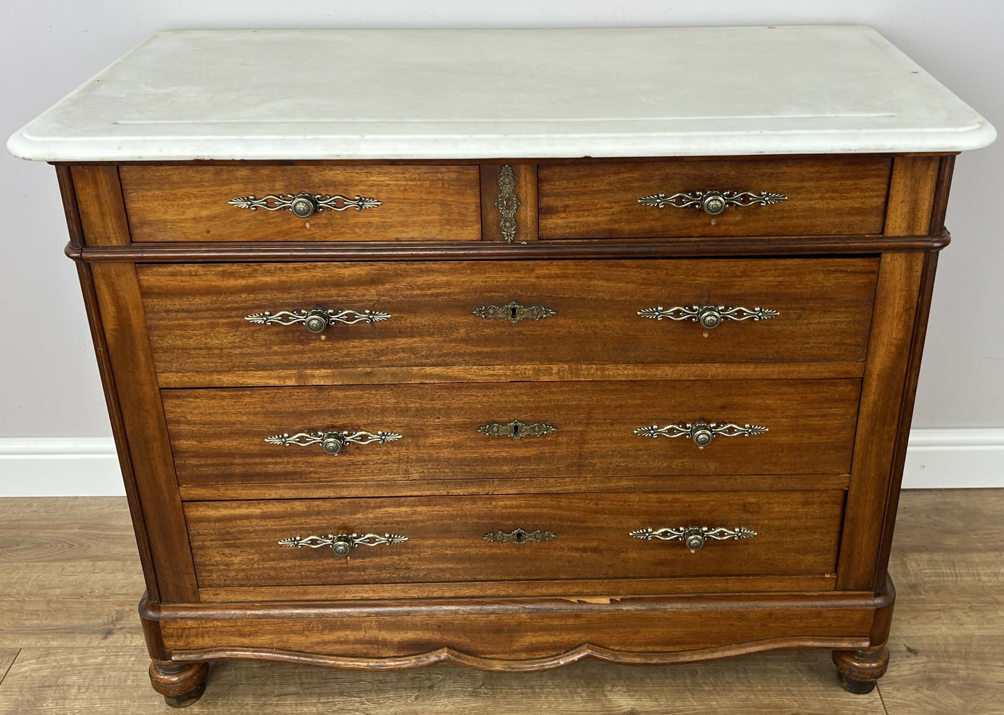 Chest of Drawers Antique French Walnut Marble Top Five Drawer Cabinet LOT 6451