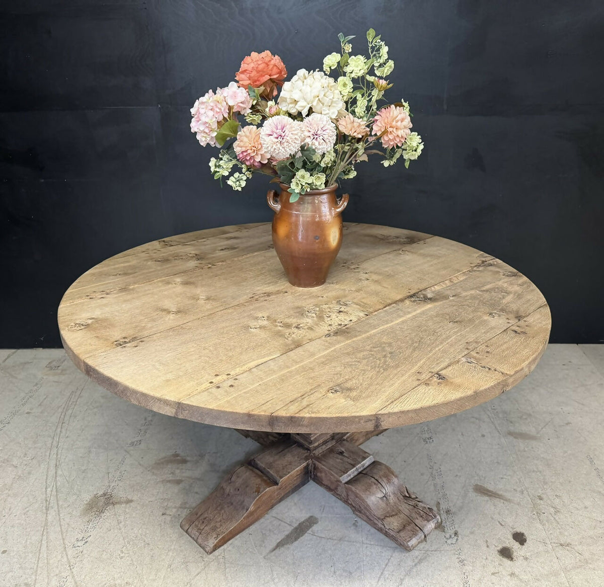 Large Round Bleached Oak Farmhouse Dining Table