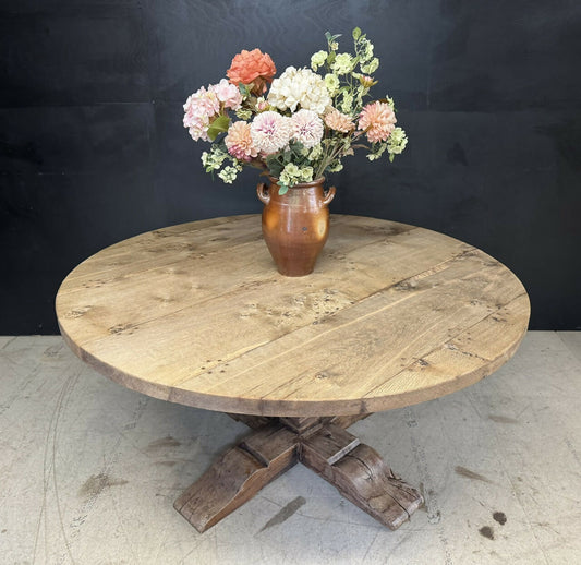 Large Round Bleached Oak Farmhouse Dining Table