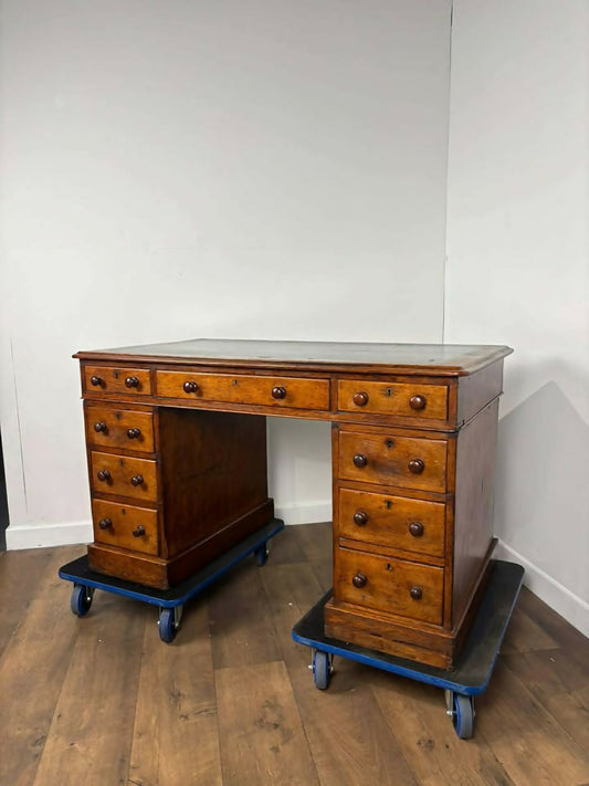 Victorian Oak Twin Pedestal Desk with Black Leather Writing Surface