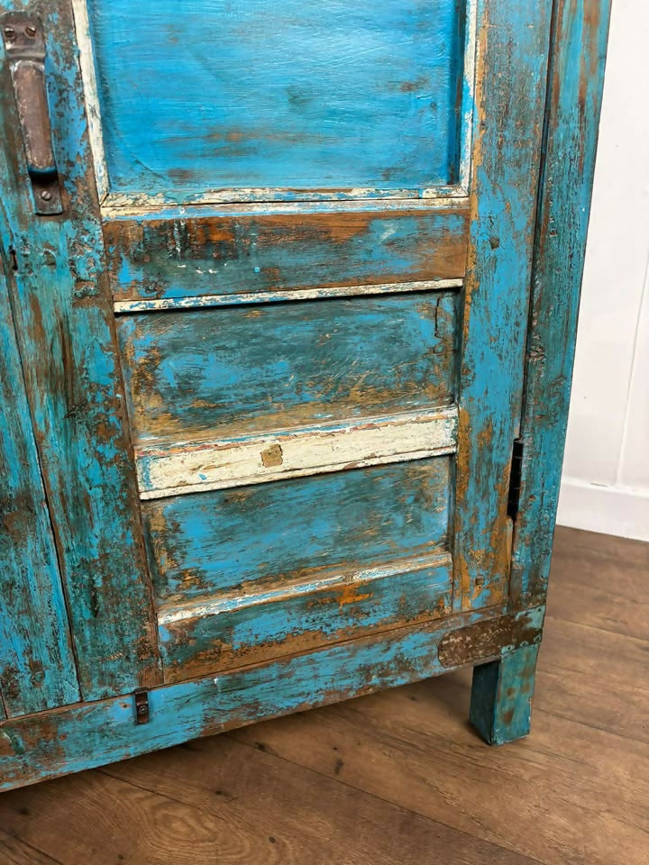 Vintage Indian Reclaimed Wooden Blue Rustic Cupboard