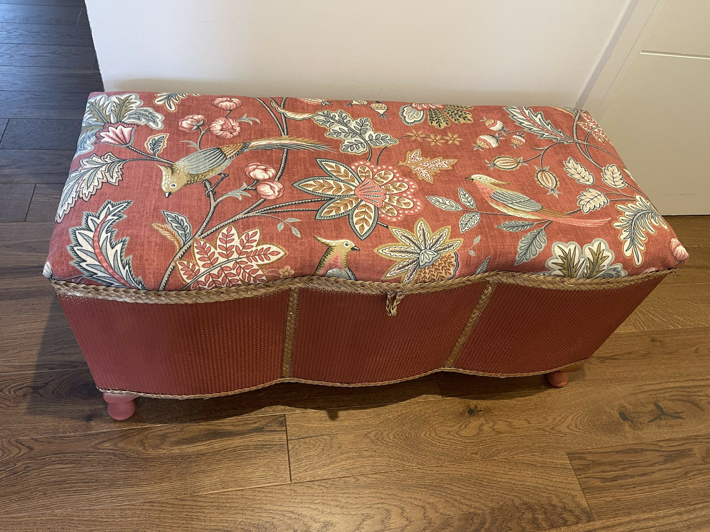 Mid century Ottoman living restored. Brick red chalk paint. Original gold trim. Matching new fabric