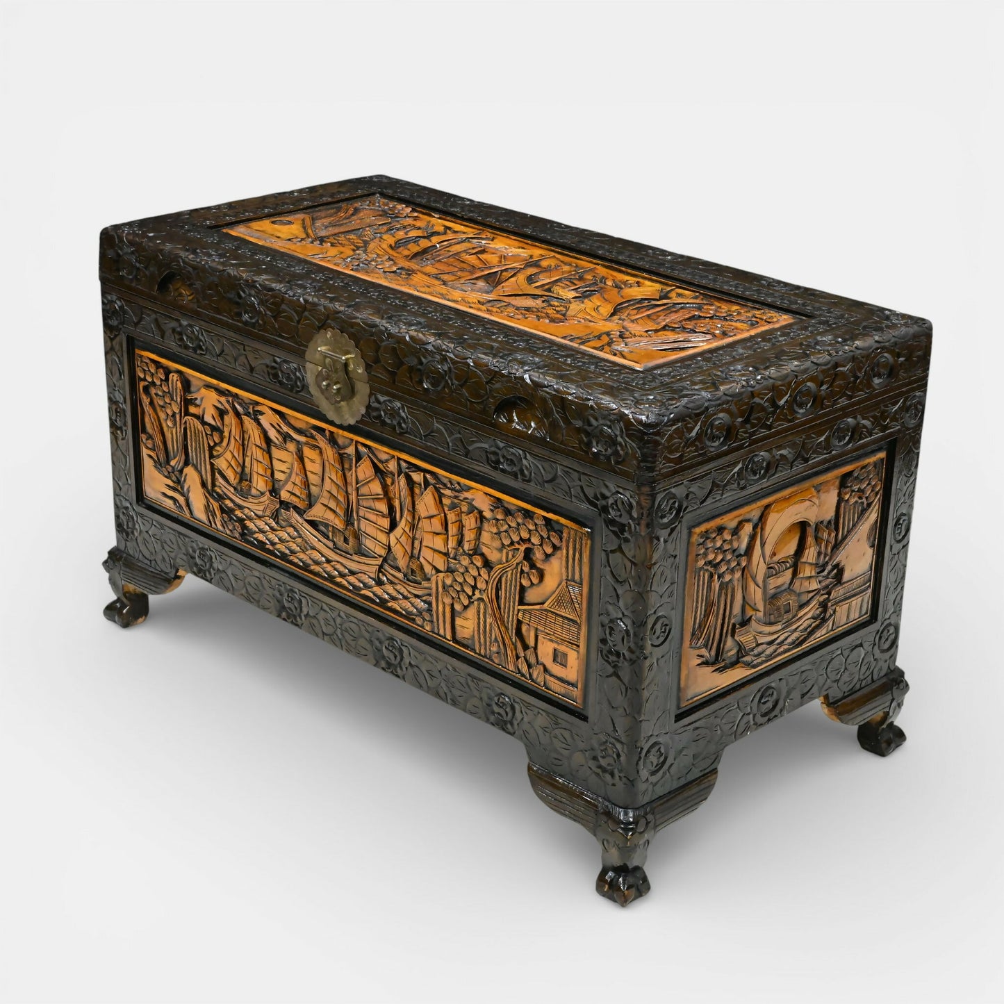 Chinese Carved Chest Trunk Camphor Wood Fine Carvings H60cm x W104cm x D56cm. SBR11127/3110E