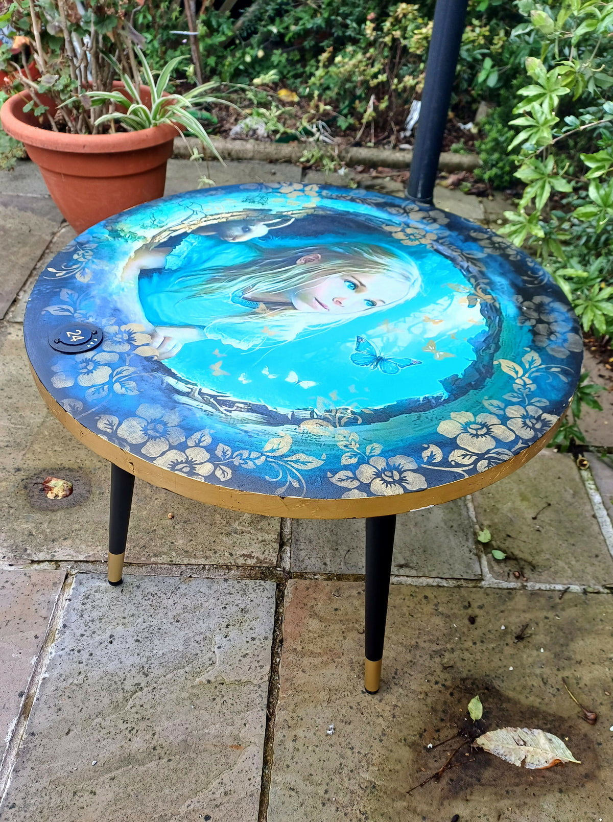 Decoupaged Alice in the Rabbit Hole Coffee Table Upcycled from Old Bar Table