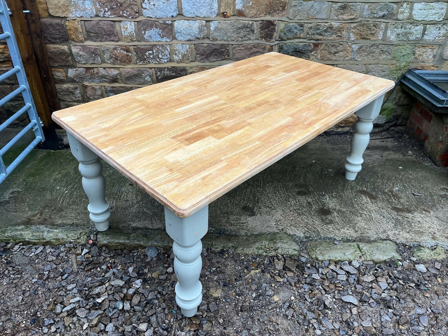 Solid Farmhouse Dining Table | Hand-Finished Painted Base & Natural Wood Top | Rustic Country Kitchen Table