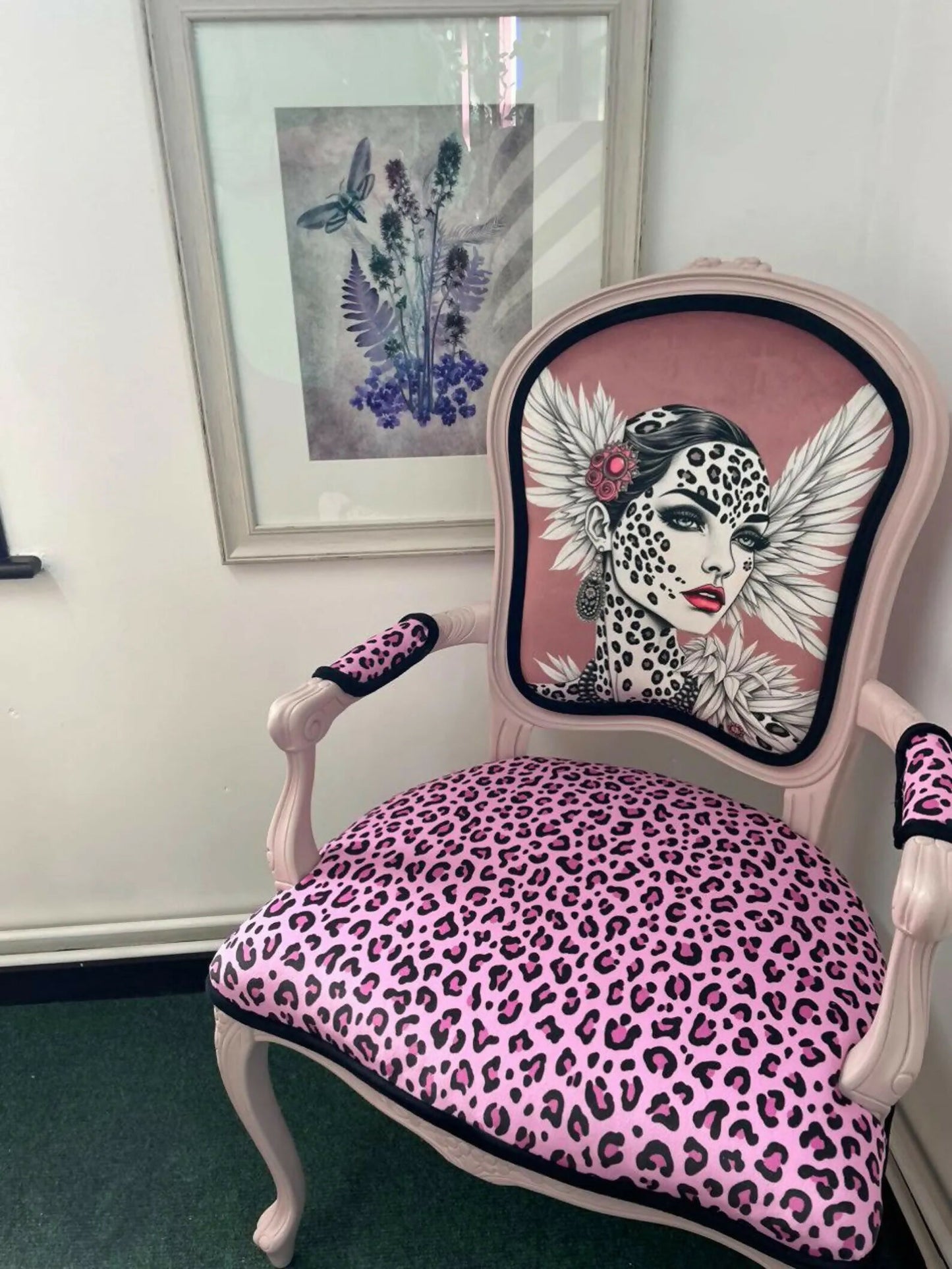 Bespoke Bold Upholstered Statement Chair – Pink Leopard Print & Designer Art Backrest